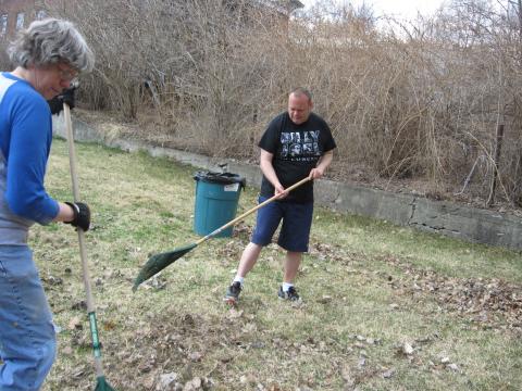 Mel helps with yard work